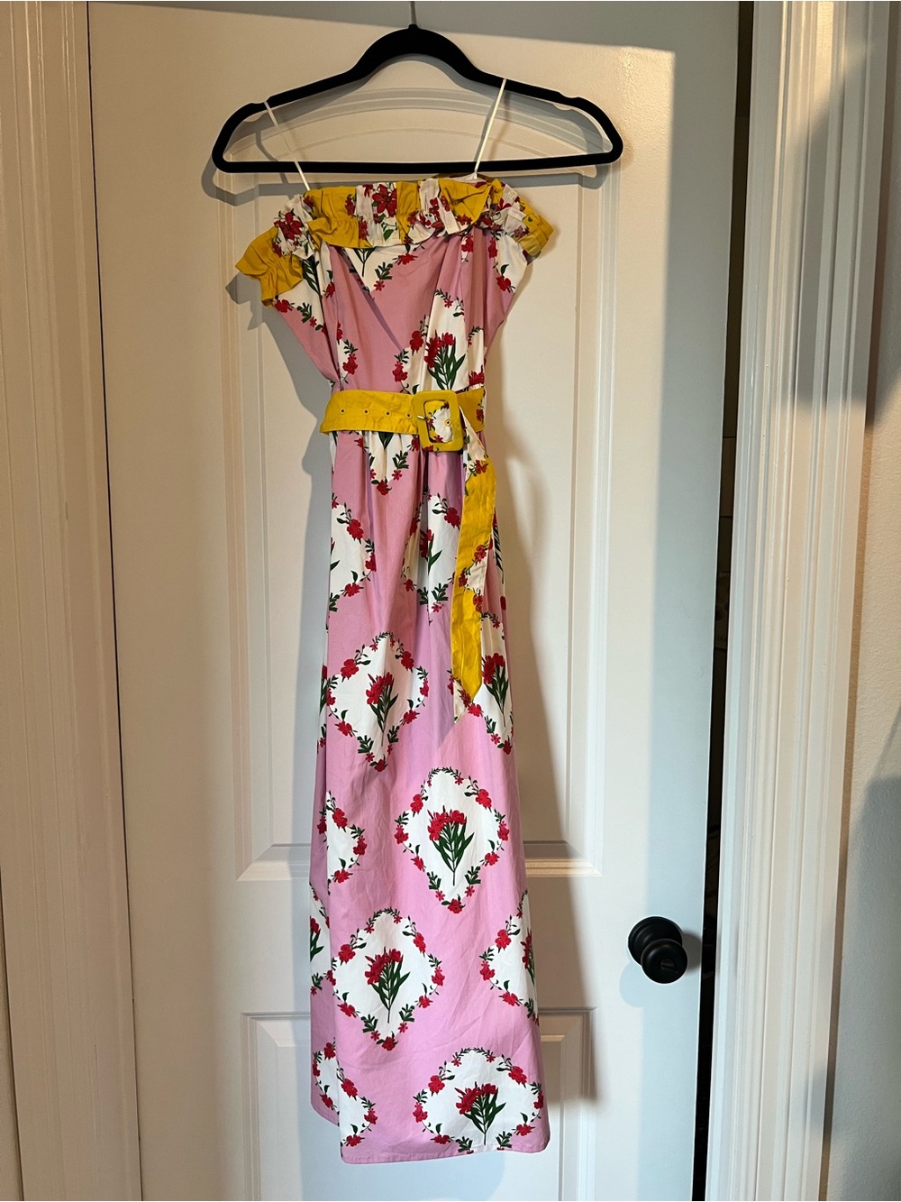 Sugarlips Pink Floral Strapless Maxi Dress with Yellow Belt